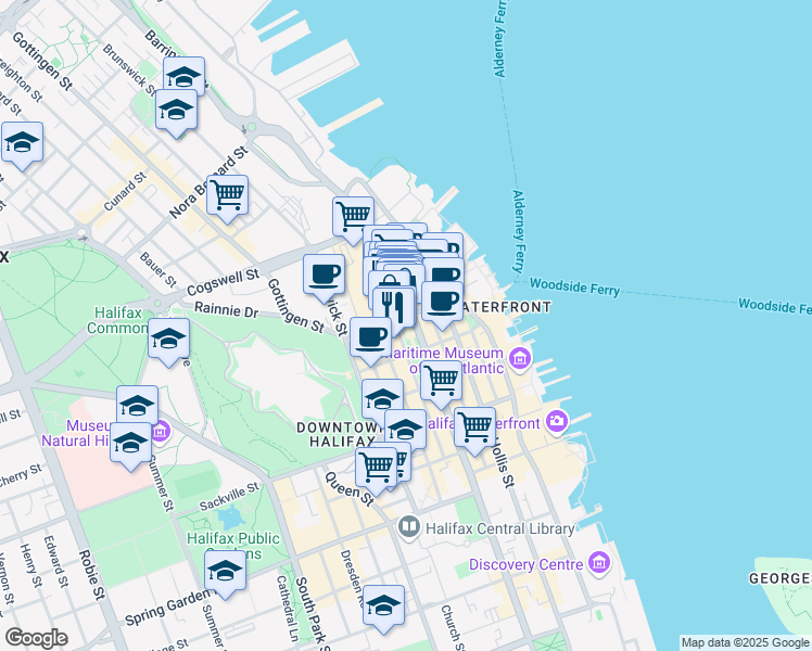 map of restaurants, bars, coffee shops, grocery stores, and more near 1841 Argyle Street in Halifax