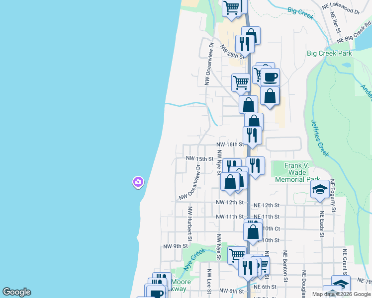 map of restaurants, bars, coffee shops, grocery stores, and more near 1535 Northwest Hurbert Street in Newport