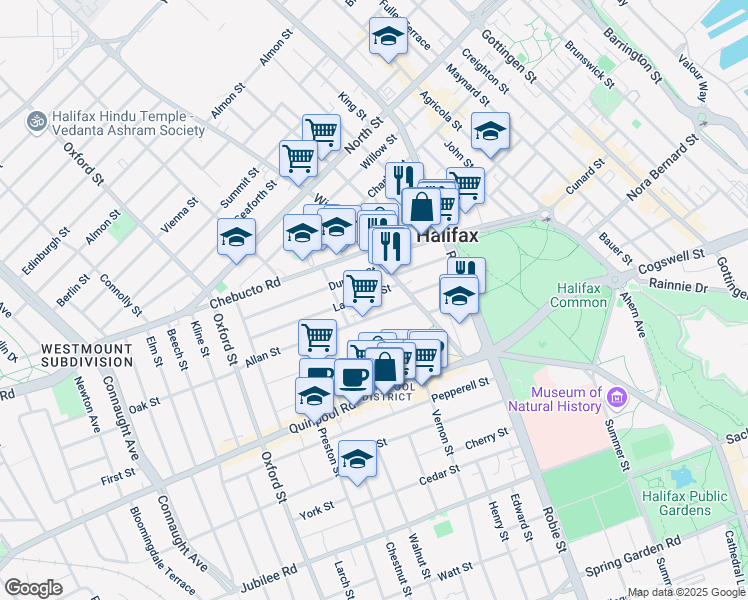 map of restaurants, bars, coffee shops, grocery stores, and more near 6144 Lawrence Street in Halifax