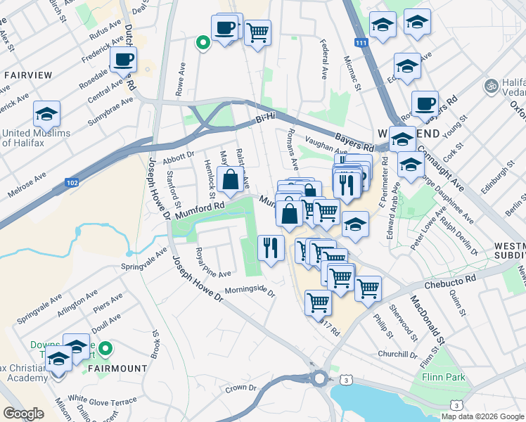 map of restaurants, bars, coffee shops, grocery stores, and more near 3083 Olivet Street in Halifax