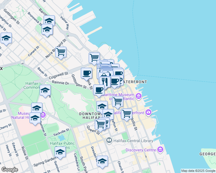 map of restaurants, bars, coffee shops, grocery stores, and more near 1841 Argyle Street in Halifax