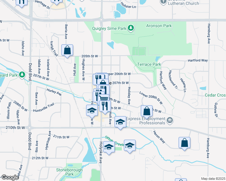map of restaurants, bars, coffee shops, grocery stores, and more near 20732 Holt Avenue in Lakeville