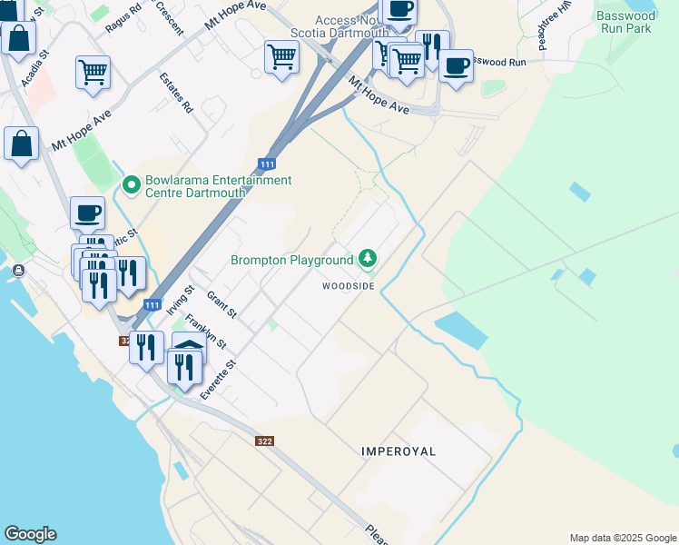 map of restaurants, bars, coffee shops, grocery stores, and more near 42 Bonnie Brae Drive in Dartmouth