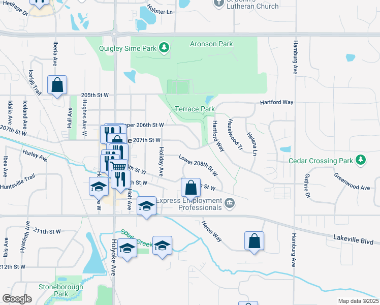 map of restaurants, bars, coffee shops, grocery stores, and more near 8420 207th Street West in Lakeville