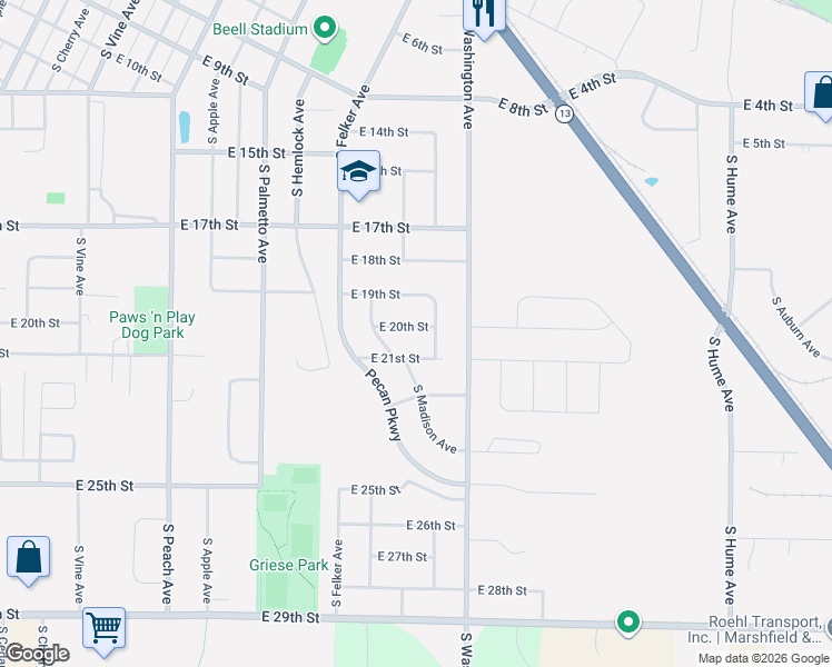 map of restaurants, bars, coffee shops, grocery stores, and more near 1306 East 20th Street in Marshfield