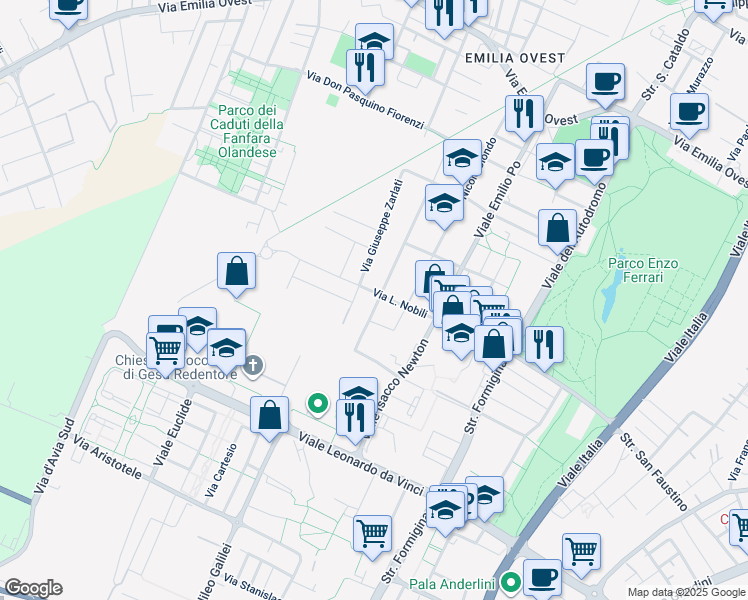 map of restaurants, bars, coffee shops, grocery stores, and more near 199 Via L. Nobili in Modena