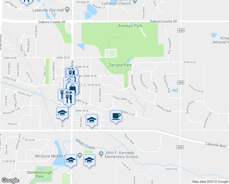 map of restaurants, bars, coffee shops, grocery stores, and more near 8420 207th Street West in Lakeville