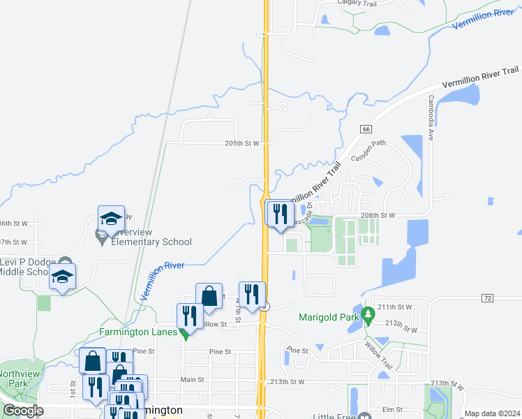map of restaurants, bars, coffee shops, grocery stores, and more near 3380 Vermillion River Trail in Farmington