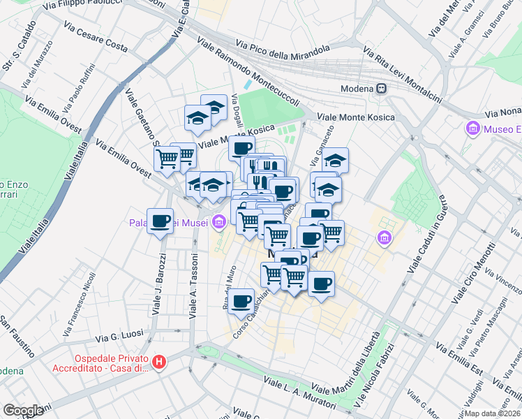 map of restaurants, bars, coffee shops, grocery stores, and more near 21 Via Castel Maraldo in Modena