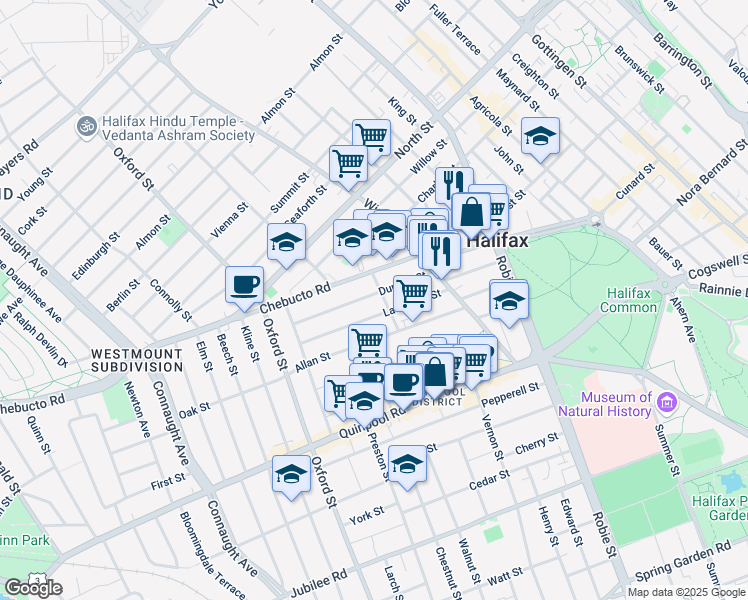 map of restaurants, bars, coffee shops, grocery stores, and more near 6194 Duncan Street in Halifax