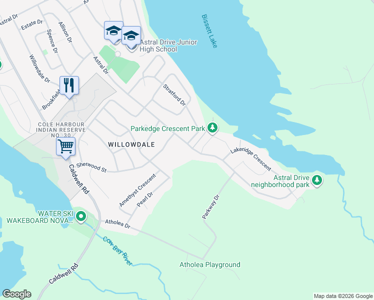 map of restaurants, bars, coffee shops, grocery stores, and more near 405 Astral Drive in Dartmouth