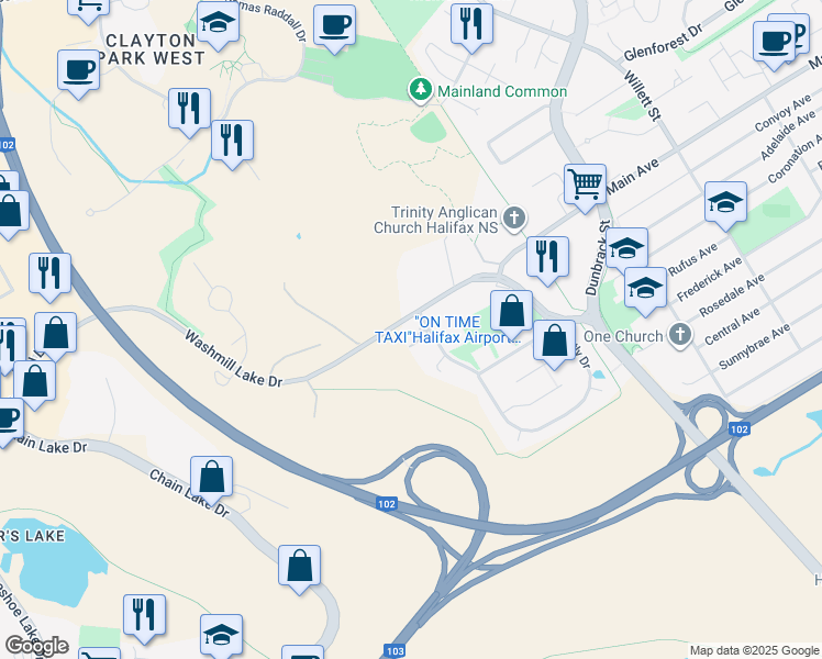 map of restaurants, bars, coffee shops, grocery stores, and more near 15 Bently Drive in Halifax