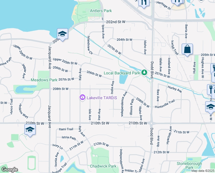map of restaurants, bars, coffee shops, grocery stores, and more near 9575 208th Street West in Lakeville