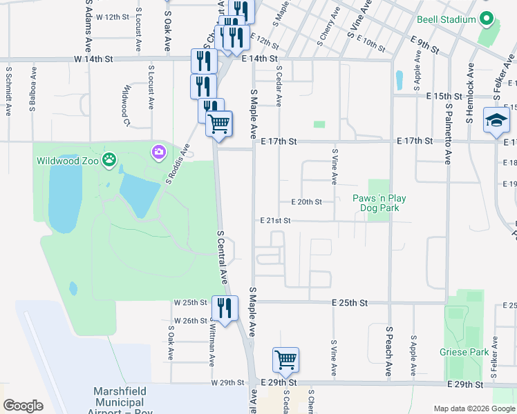map of restaurants, bars, coffee shops, grocery stores, and more near 2005 South Maple Avenue in Marshfield