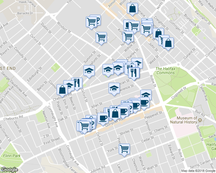 map of restaurants, bars, coffee shops, grocery stores, and more near 6241 Duncan Street in Halifax