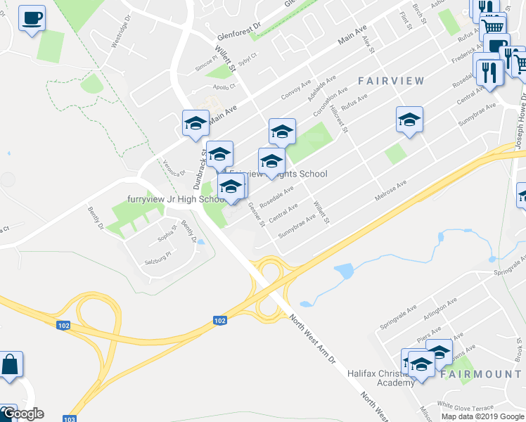 map of restaurants, bars, coffee shops, grocery stores, and more near 152 Rosedale Avenue in Halifax