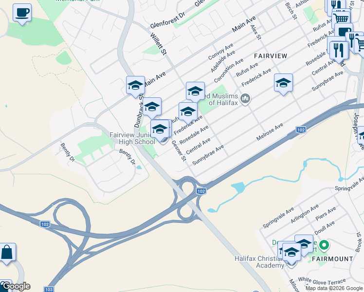 map of restaurants, bars, coffee shops, grocery stores, and more near 152 Rosedale Avenue in Halifax