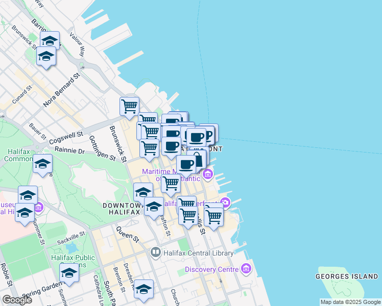 map of restaurants, bars, coffee shops, grocery stores, and more near 1781 Upper Water Street in Halifax