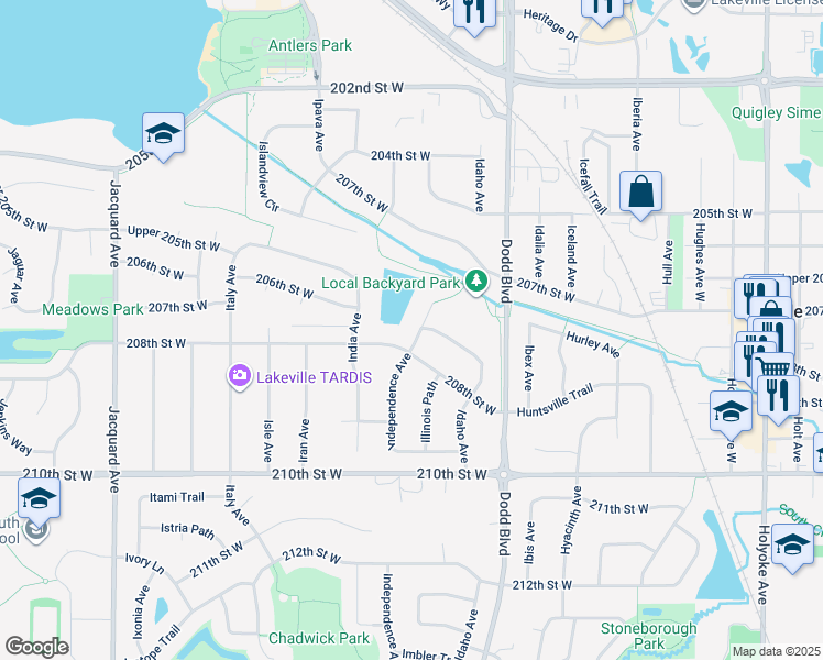 map of restaurants, bars, coffee shops, grocery stores, and more near 20775 Independence Avenue in Lakeville