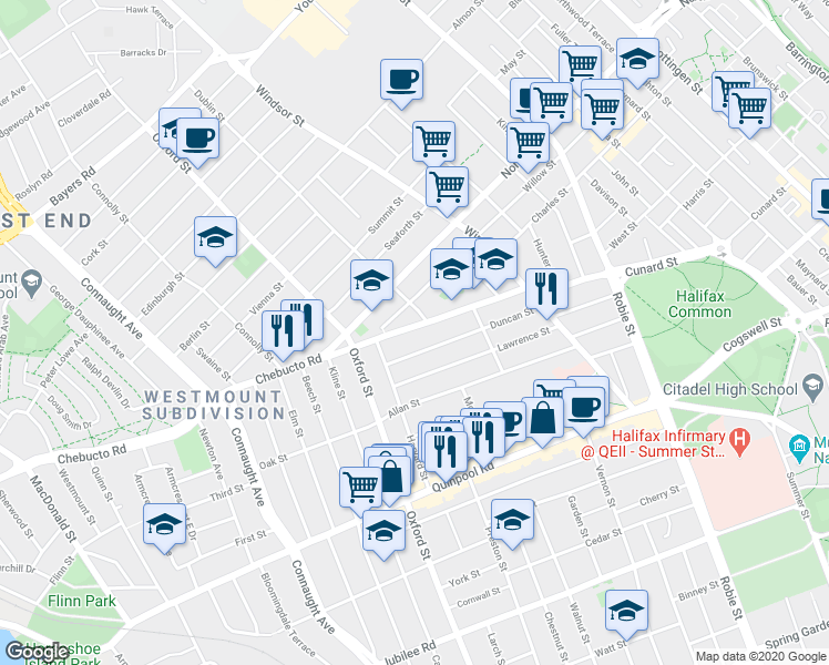 map of restaurants, bars, coffee shops, grocery stores, and more near 6290 Chebucto Road in Halifax