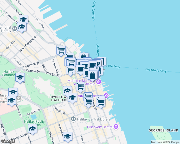 map of restaurants, bars, coffee shops, grocery stores, and more near 1781 Upper Water Street in Halifax