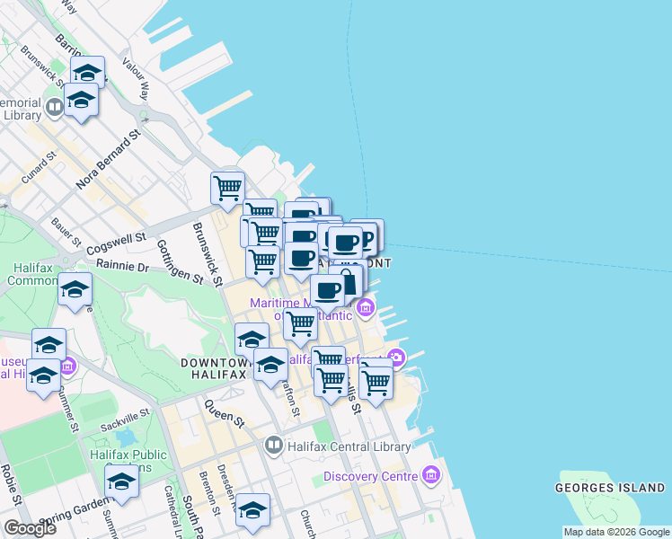 map of restaurants, bars, coffee shops, grocery stores, and more near 1781 Upper Water Street in Halifax