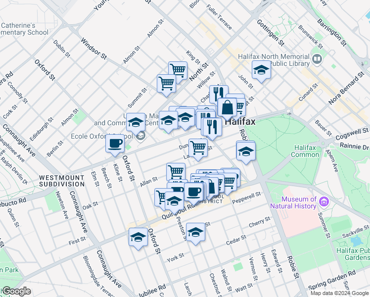 map of restaurants, bars, coffee shops, grocery stores, and more near 6194 Duncan Street in Halifax