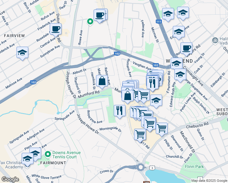 map of restaurants, bars, coffee shops, grocery stores, and more near 3095 Olivet Street in Halifax