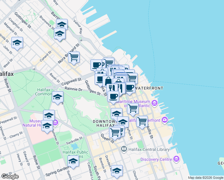 map of restaurants, bars, coffee shops, grocery stores, and more near 1859 Brunswick Street in Halifax