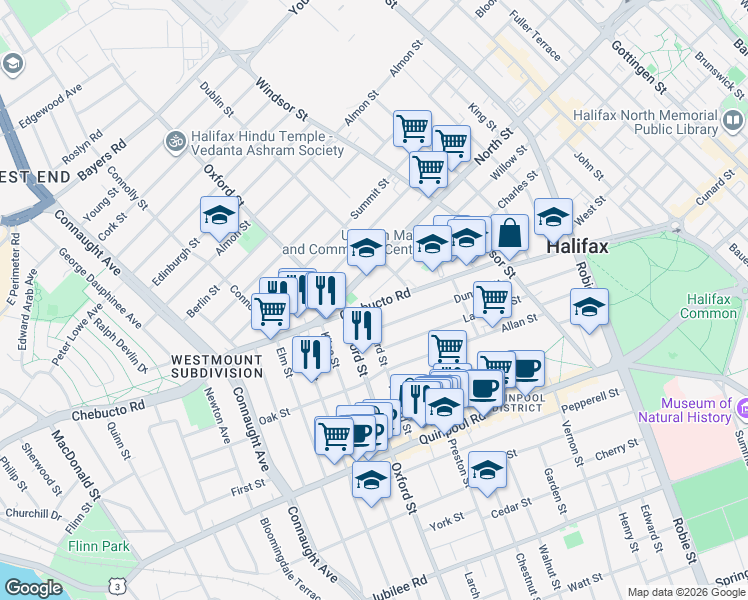 map of restaurants, bars, coffee shops, grocery stores, and more near 6319 Chebucto Road in Halifax