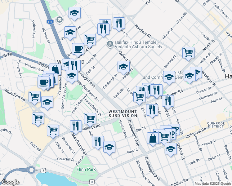 map of restaurants, bars, coffee shops, grocery stores, and more near 6569 Berlin Street in Halifax
