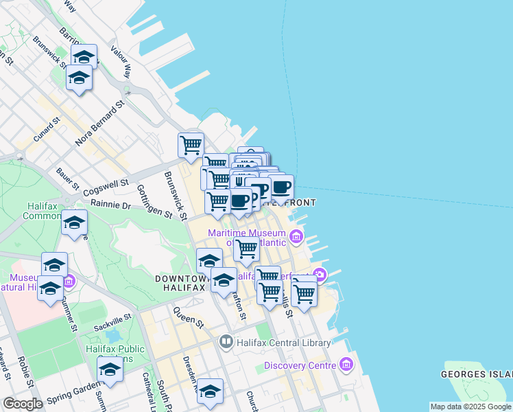 map of restaurants, bars, coffee shops, grocery stores, and more near 1801 Hollis Street in Halifax