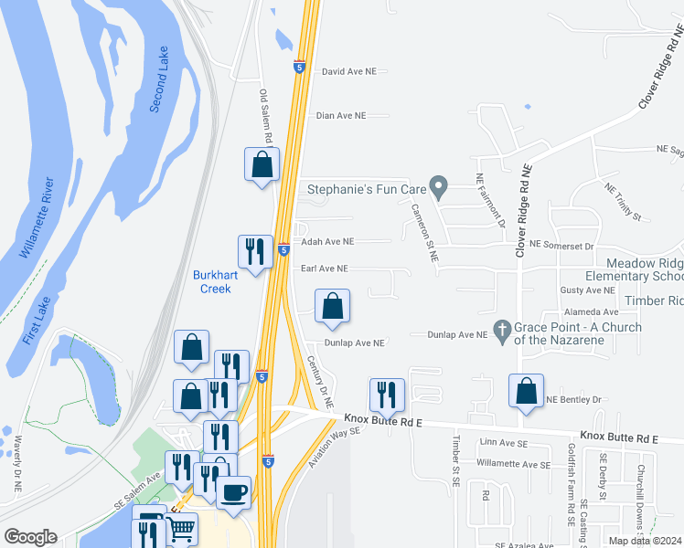 map of restaurants, bars, coffee shops, grocery stores, and more near 3510 Earl Avenue Northeast in Albany