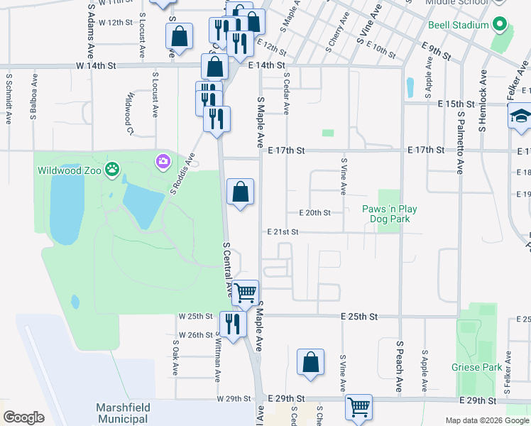 map of restaurants, bars, coffee shops, grocery stores, and more near 2005 South Maple Avenue in Marshfield