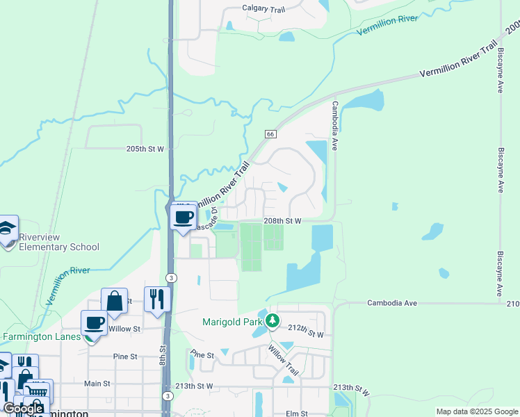 map of restaurants, bars, coffee shops, grocery stores, and more near 670 Tamarack Trail in Farmington