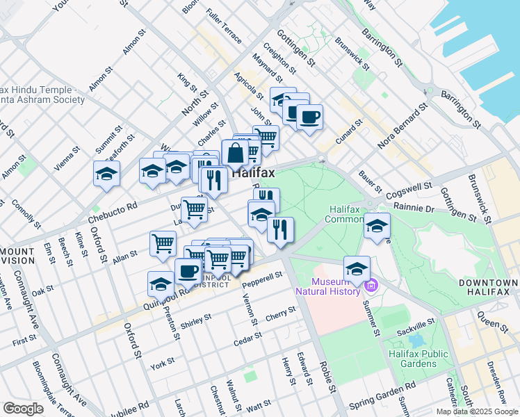 map of restaurants, bars, coffee shops, grocery stores, and more near 2110 Robie Street in Halifax