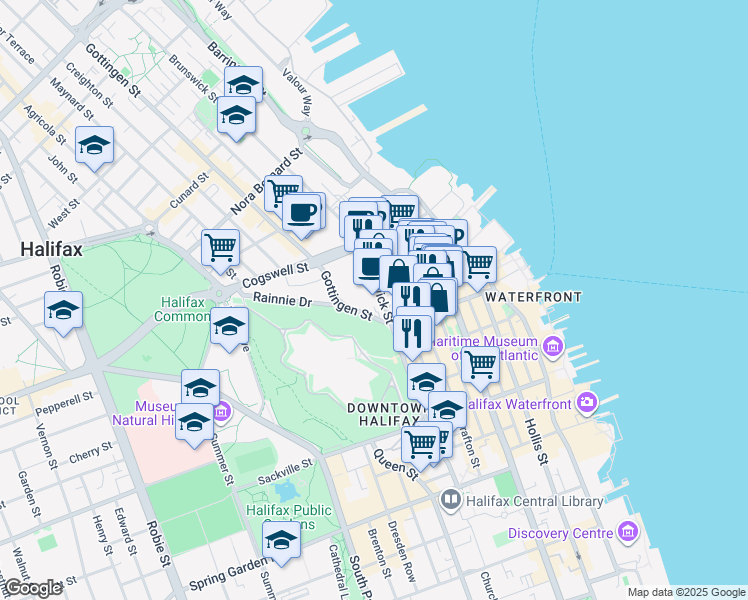 map of restaurants, bars, coffee shops, grocery stores, and more near 1888 Brunswick Street in Halifax