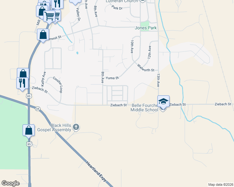 map of restaurants, bars, coffee shops, grocery stores, and more near 733 Zenith Street in Belle Fourche
