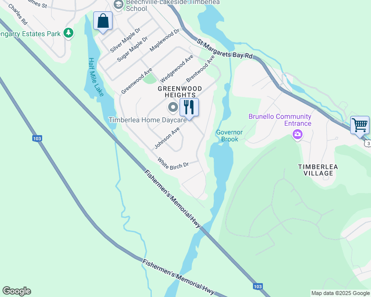 map of restaurants, bars, coffee shops, grocery stores, and more near 28 Dorothy Crescent in Timberlea