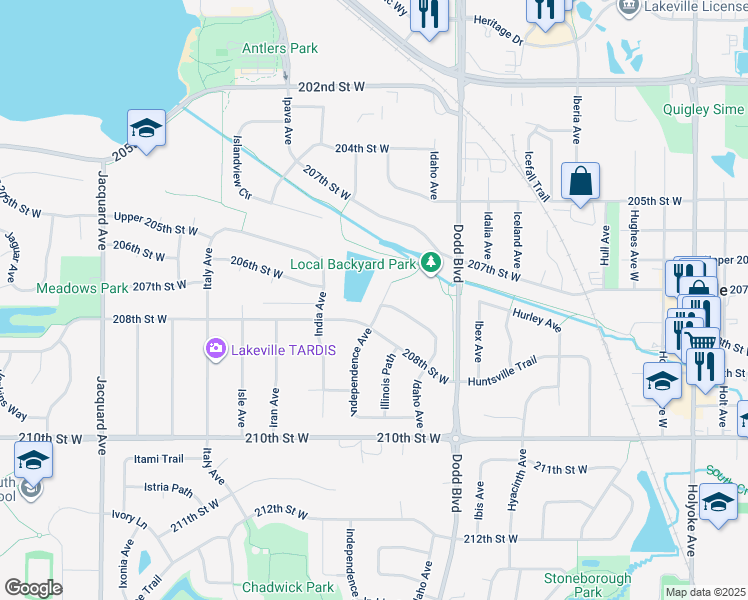 map of restaurants, bars, coffee shops, grocery stores, and more near 20775 Independence Avenue in Lakeville