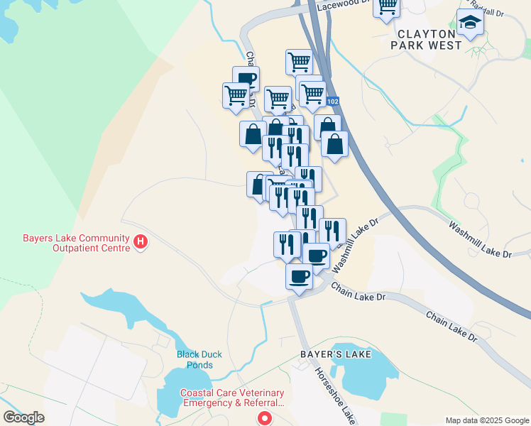 map of restaurants, bars, coffee shops, grocery stores, and more near 201 Chain Lake Drive in Halifax