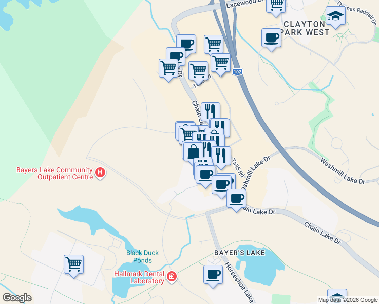 map of restaurants, bars, coffee shops, grocery stores, and more near 201 Chain Lake Drive in Halifax