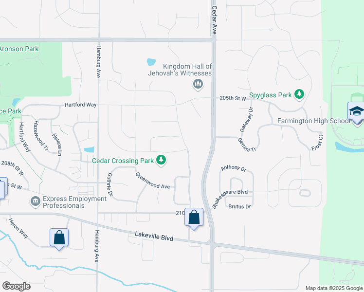 map of restaurants, bars, coffee shops, grocery stores, and more near 20835 Goodhue Way in Lakeville