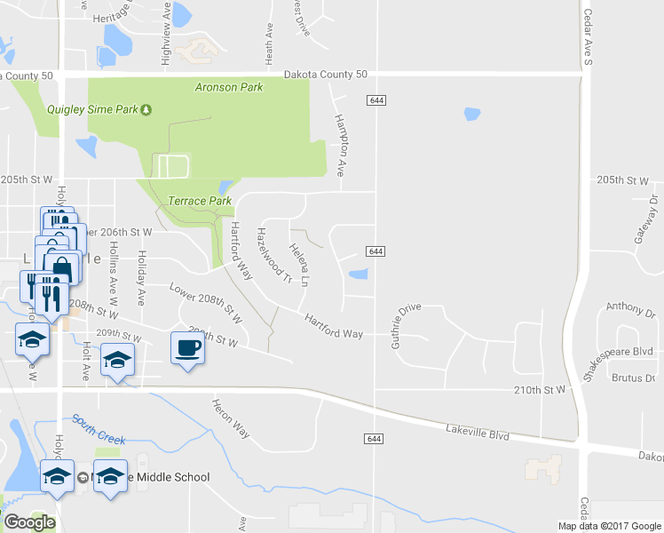 map of restaurants, bars, coffee shops, grocery stores, and more near 20623 Hampshire Way in Lakeville