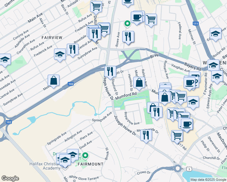 map of restaurants, bars, coffee shops, grocery stores, and more near 3130 Stanford Street in Halifax