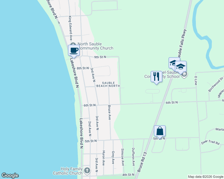 map of restaurants, bars, coffee shops, grocery stores, and more near 610 York Avenue in Sauble Beach