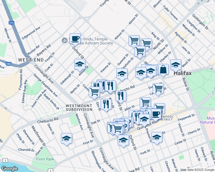 map of restaurants, bars, coffee shops, grocery stores, and more near 6405 North Street in Halifax