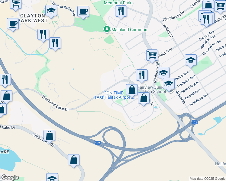 map of restaurants, bars, coffee shops, grocery stores, and more near 36 Bently Drive in Halifax