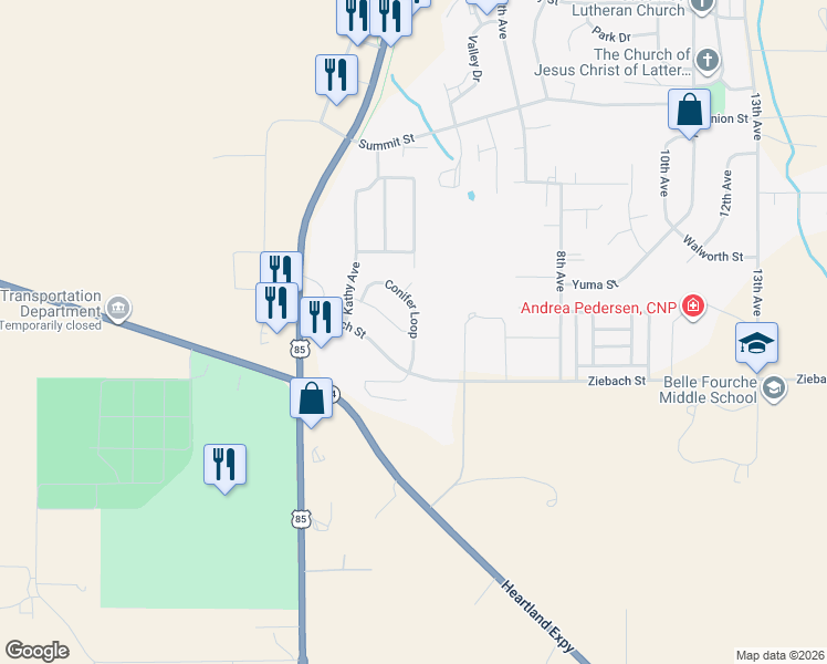 map of restaurants, bars, coffee shops, grocery stores, and more near 2100 Conifer Loop in Belle Fourche