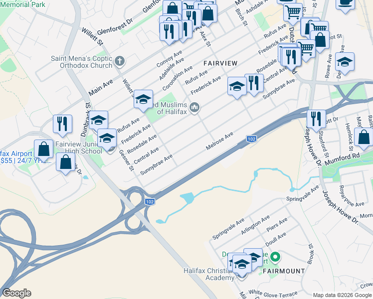 map of restaurants, bars, coffee shops, grocery stores, and more near 94 Sunnybrae Avenue in Halifax